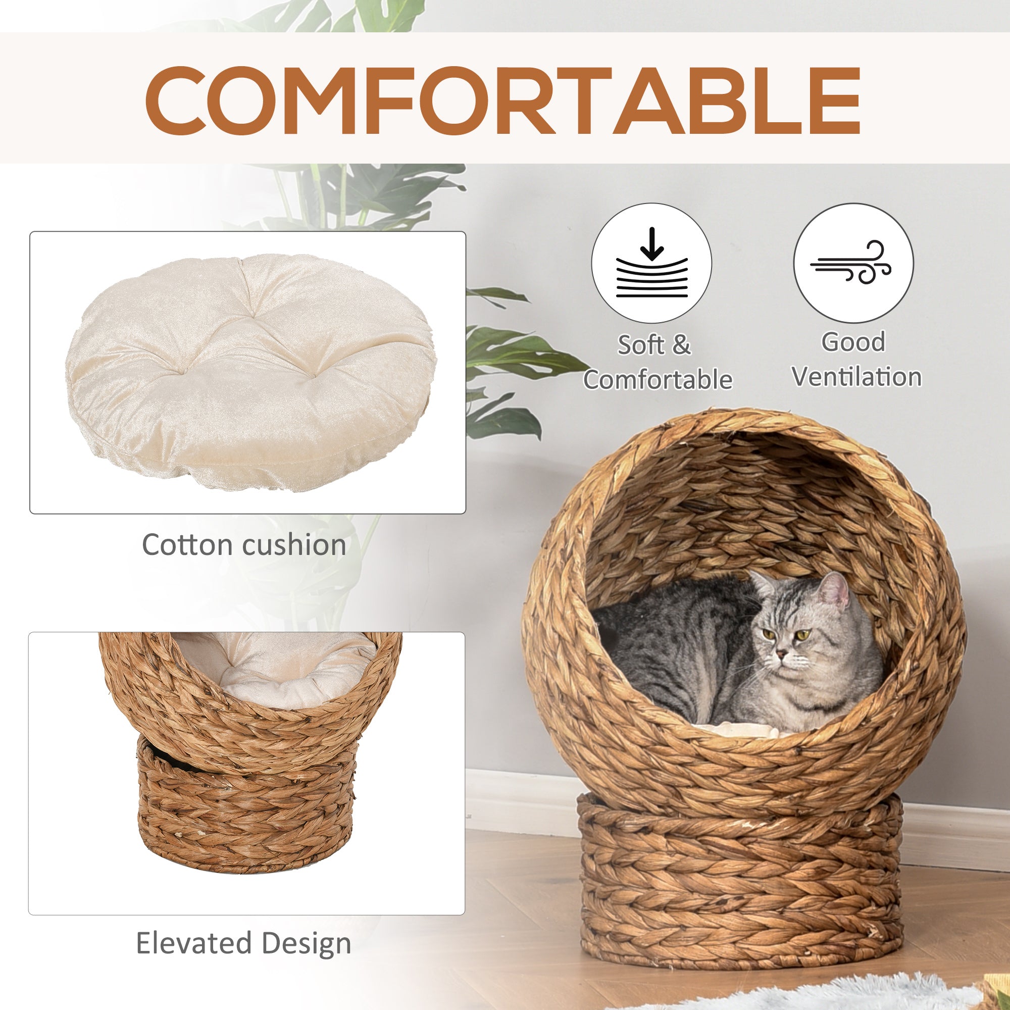 Cat Bed Basket with Cushion - Natural Woven Banana Leaf, Enclosed Cozy Nest for Indoor Cats