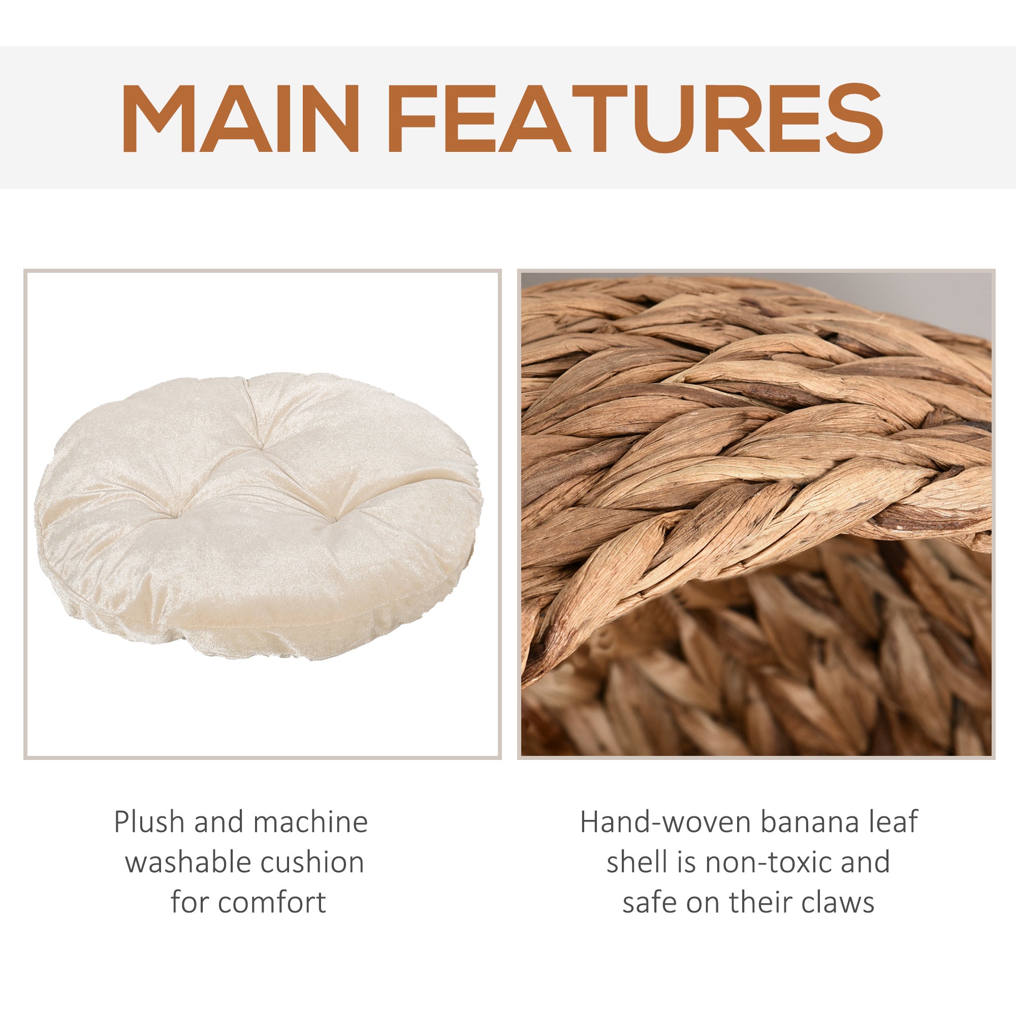 Cat Bed Basket with Cushion - Natural Woven Banana Leaf, Enclosed Cozy Nest for Indoor Cats