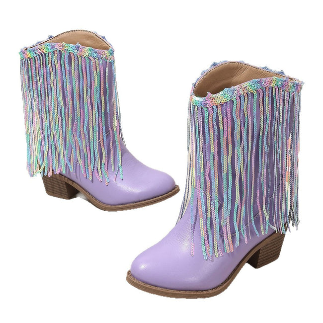Girls Western Fringe Ankle Boots – Chunky Heel Fashion Boots with Side Zipper Main Image