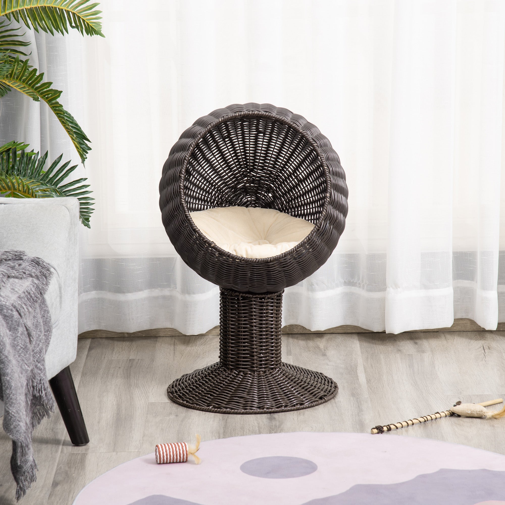 Rotating Cat Bed Pod with Cushion - Woven Egg Chair Design, Cozy Enclosed Basket for Indoor Cats