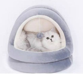 Cozy Cat Cave Bed with Hanging Toy - Soft Plush, Warm Enclosed Nest for Indoor Cats & Small Pets
