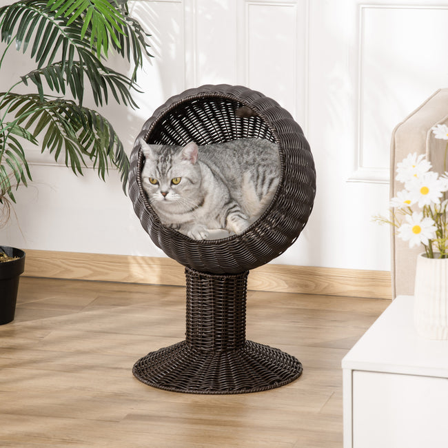 Rotating Cat Bed Pod with Cushion - Woven Egg Chair Design, Cozy Enclosed Basket for Indoor Cats Hover Image