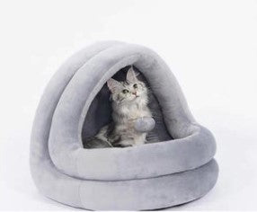 Cozy Cat Cave Bed with Hanging Toy - Soft Plush, Warm Enclosed Nest for Indoor Cats & Small Pets Hover Image