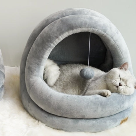 Cozy Cat Cave Bed with Hanging Toy - Soft Plush, Warm Enclosed Nest for Indoor Cats & Small Pets