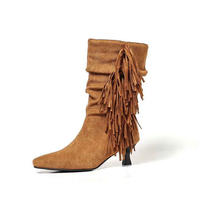 Women's Suede Fringe Mid Calf Boots – European Style Slip On Fashion Boots Main Image