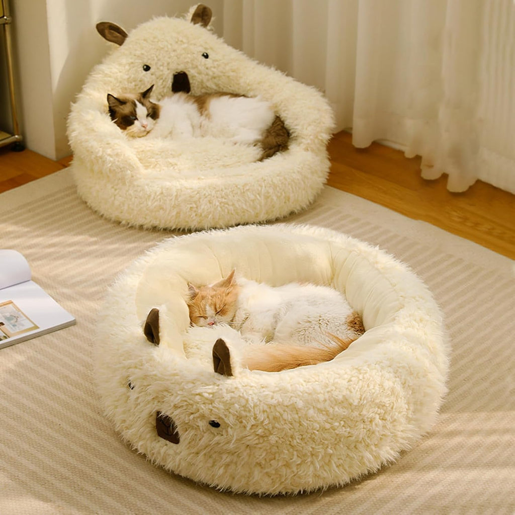 Calming Plush Cat Bed with Detachable Cushion – Soft Anti-Slip Pet Nest for Cats & Small Dogs