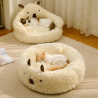Calming Plush Cat Bed with Detachable Cushion – Soft Anti-Slip Pet Nest for Cats & Small Dogs