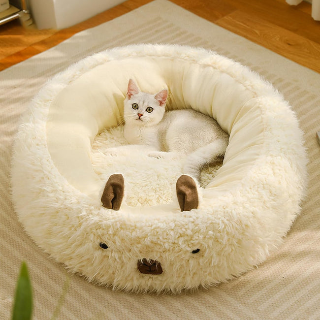 Calming Plush Cat Bed with Detachable Cushion - Soft Alpaca Style, Anti-Slip Nest for Cats & Small to Large Cats Hover Image
