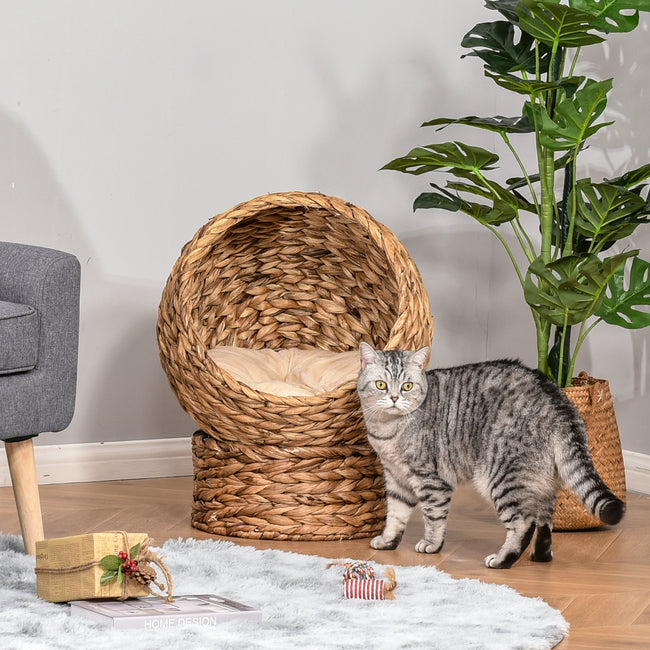 Cat Bed Basket with Cushion - Natural Woven Banana Leaf, Enclosed Cozy Nest for Indoor Cats Hover Image